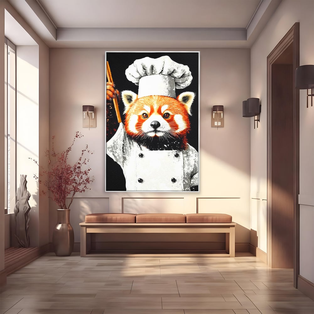 Tablou canvas cu tablou canvas cu panda rosu bucatar, in rama de aluminiu argintiu